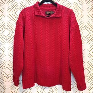 Vintage Eddie Bauer Sweater Women MP Red Cable Knit Cotton Polo Collar Preppy
